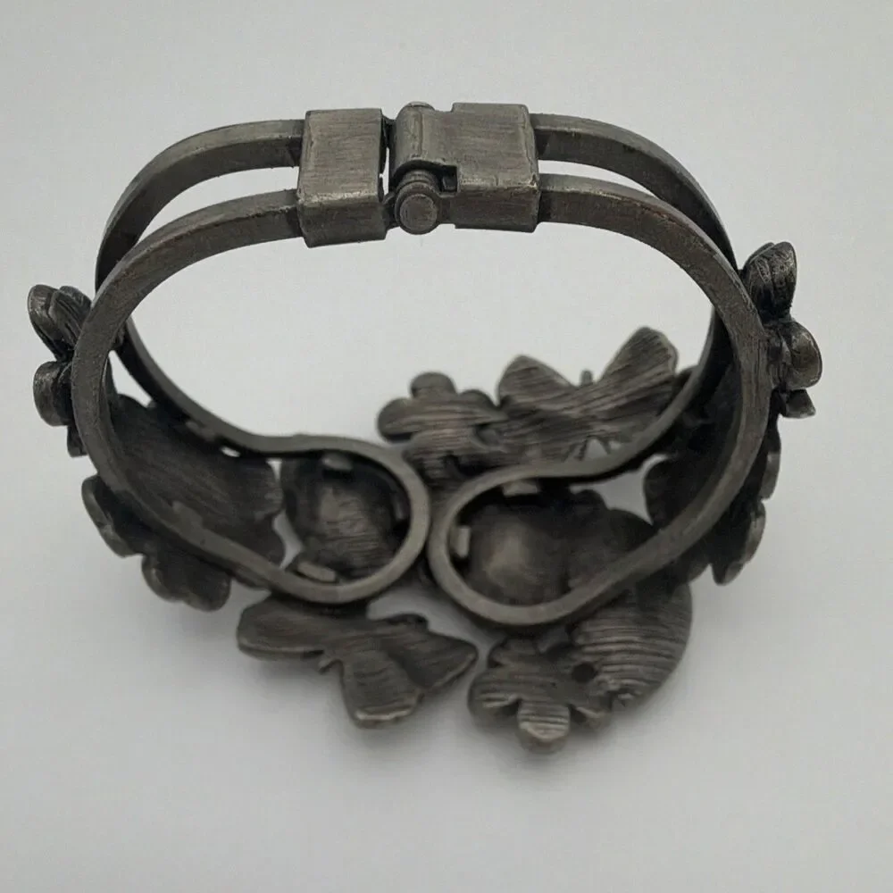 Black Tone Floral Butterfly Leaf Hinged Cuff Bracelet Clear Rhinestones